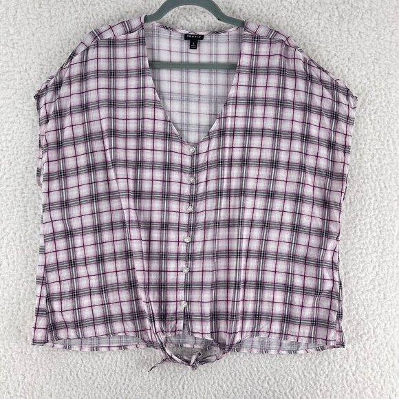 Torrid Challis Tie-Front Dolman Midi Top Womens Plaid Ivory Short Sleeve Size 1X - Picture 1 of 16